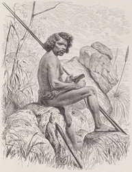 Nord-Australier mit Speeren, Axt und Keulen, aus Die Geschichte der Menschheit, Bd.1, von Friedrich Ratzel, 1896